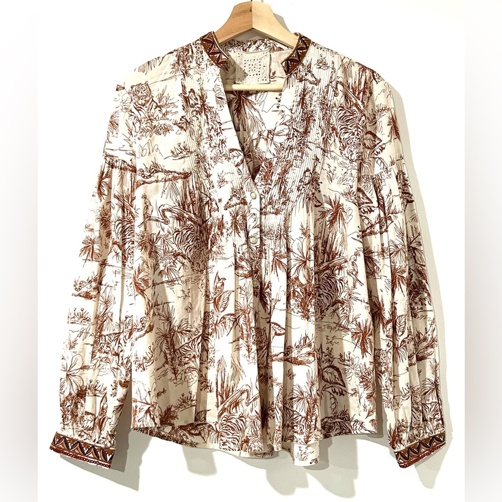 Johnny Was‎ Mu Printed Pintucked Top Cream Brown XS